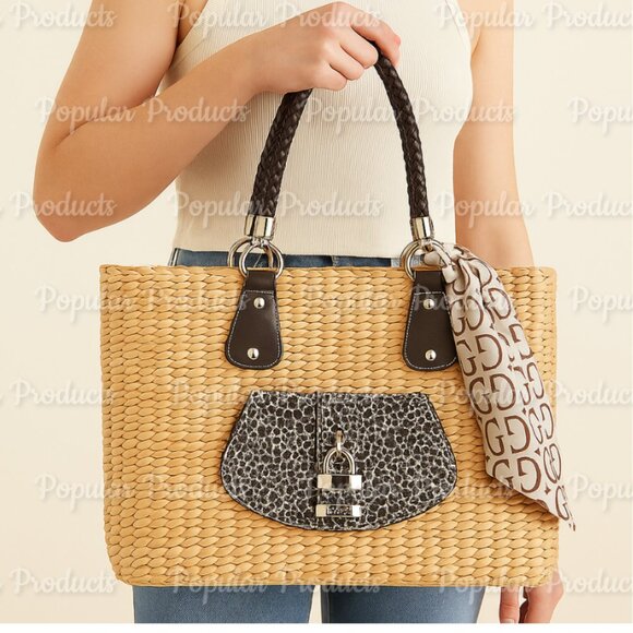 Vintage Y2K GUESS Straw/Leopard Tote  w/ Lock & Logo Scarf – Like New! - Picture 5 of 6